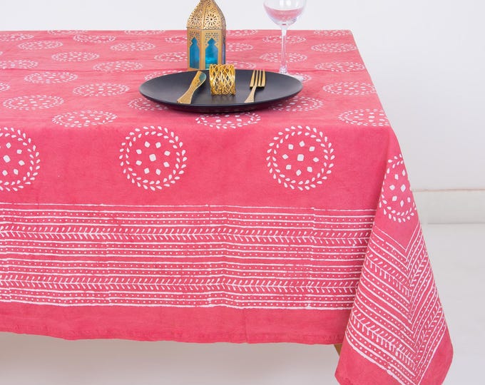 Rose Pink Hand Block Print Cotton Tablecloth – Boho Farmhouse Floral Dining Cover