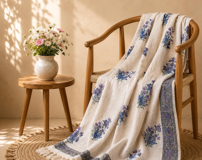 Ivory Navy Floral Hand Block Print Cotton Throw Blanket • Boho Botanical Home Decor