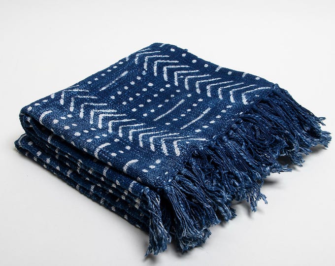 Indigo Hand Block Print Cotton Throw – Boho Geometric Sofa Blanket, Farmhouse Bedspread