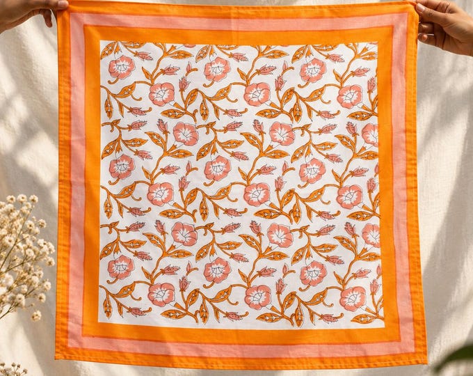 Orange Floral Bandanas • Block Print Cotton Bandana • Hair Scarf