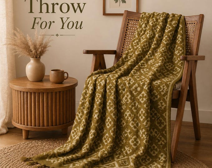 Olive Green Cotton Throw Blanket: Block Print Woven Geometric Design