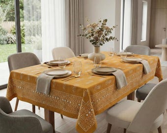 Hand Block Print Cotton Tablecloth, Yellow Floral Boho Dining Cover