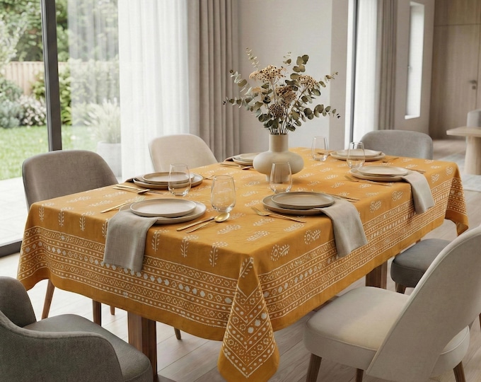 Hand Block Print Cotton Tablecloth, Yellow Floral Boho Dining Cover