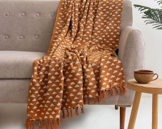 Handmade Geometric Block Print Cotton Throw: Rust Terracotta Boho Blanket