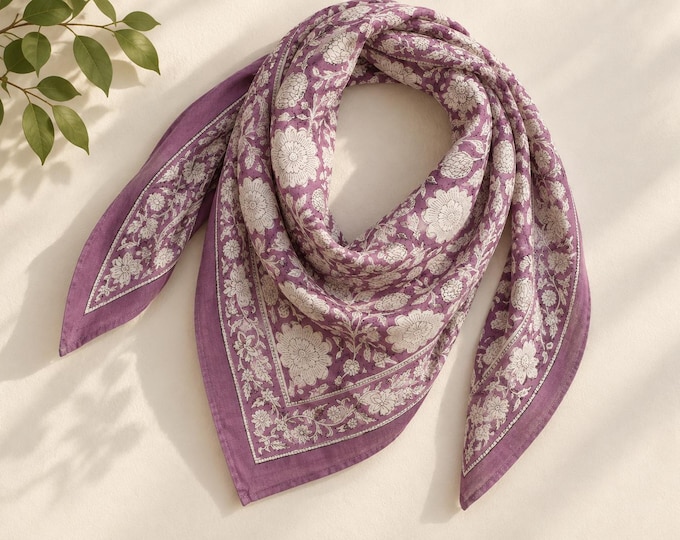 Plum Purple Floral Cotton Bandana - Hand Block Print Scarf