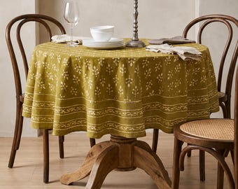 Hand Block Print Round Tablecloth, Indian Cotton Olive Mustard Floral Dining Cover