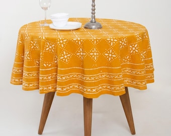 Mustard Yellow Hand Block Print Round Tablecloth: 100% Cotton Geometric Boho Dining Cover