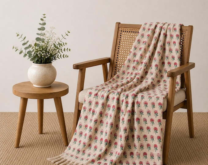 Red Green Flower Block Printed Cotton Throw: Floral Botanical Boho Blanket "50 x 70 Inches"