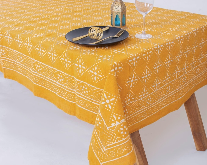Hand Block Print Tablecloth: Mustard Yellow Geometric Cotton Boho Farmhouse Dining Cover