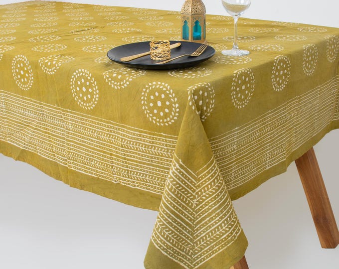 Olive Mustard Hand Block Print Cotton Tablecloth, Boho Farmhouse Dining Linen