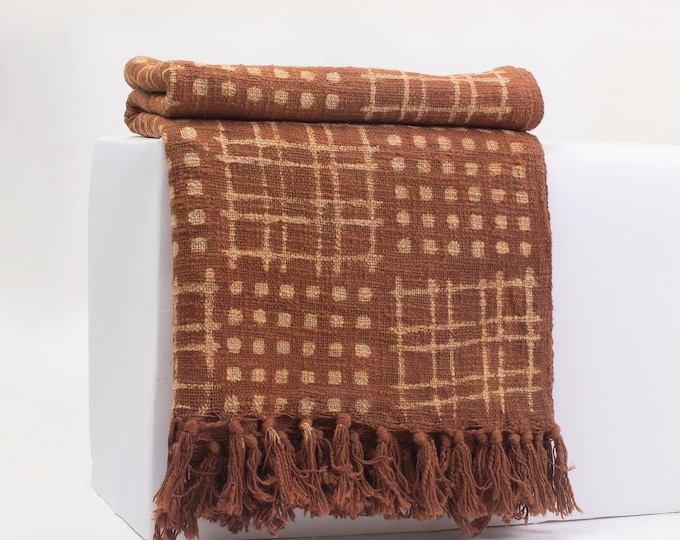 Terracotta Hand Block Cotton Throw: Brown Geometric Fringe Blanket, 50x70 Inches "Hand Dyed Fringed"