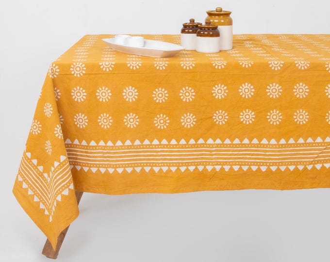 Hand Block Print Cotton Tablecloth, Sunburst Floral Boho Farmhouse Dining Linen