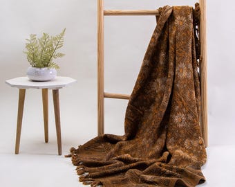 Burnt Mustard Block Printed Cotton Throw Blanket with Floral Pattern