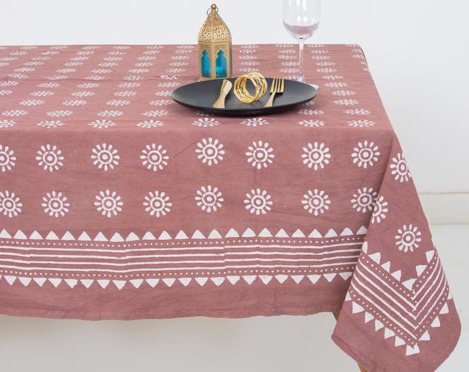 Dusty Rose Hand Block Print Cotton Tablecloth | Boho Farmhouse Dining Decor