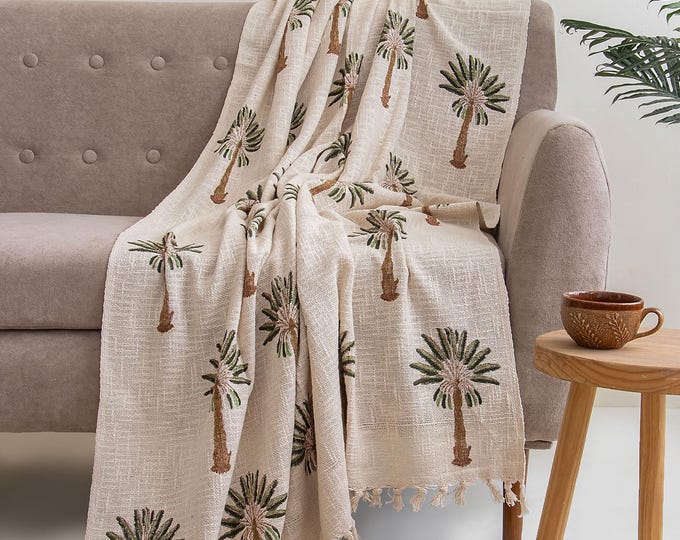 Hand Block Printed Palm Tree Cotton Throw: Sage Green Ivory Boho Blanket (50x70 inches)