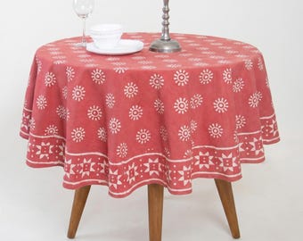 Muted Pink Sunburst Block Print Cotton Round Tablecloth: Boho Farmhouse Dining Decor