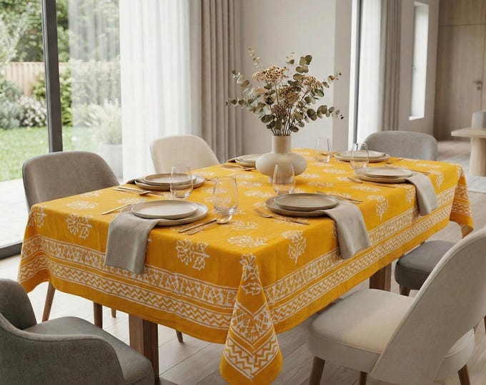 Hand Block Print Floral Tablecloth, Mustard Yellow Cotton Boho Farmhouse Dining Cover
