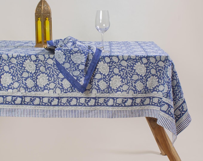 Blue Floral Block Print Tablecloth, Indian Cotton Table Cover, Ornate Botanical Pattern, Boho Farmhouse Decor