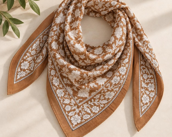 Indian Floral Cotton Bandana - Brown Hand Block Print Hair Scarf, Boho Headband