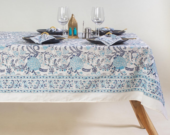 Hand Block Print Cotton Tablecloth, Blue Floral Paisley, Boho Farmhouse Dining Linen