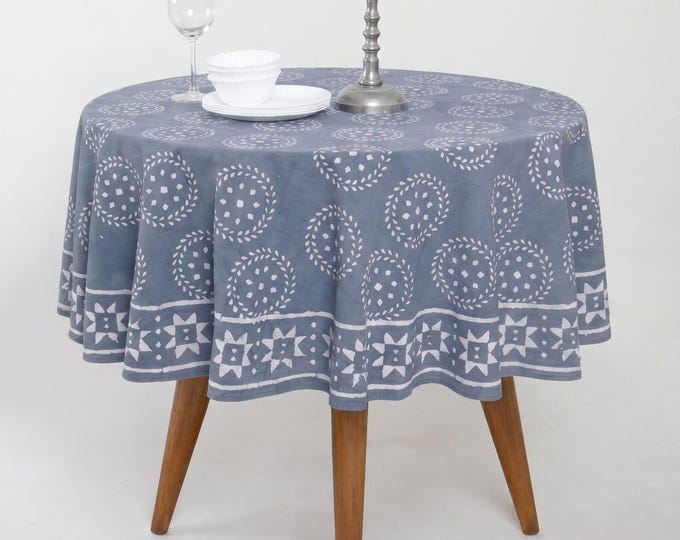Dusty Blue Hand Block Print Cotton Round Tablecloth, Boho Farmhouse Dining Linen