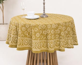 Hand Block Print Round Tablecloth – Mustard Olive Floral Cotton Dining Cover