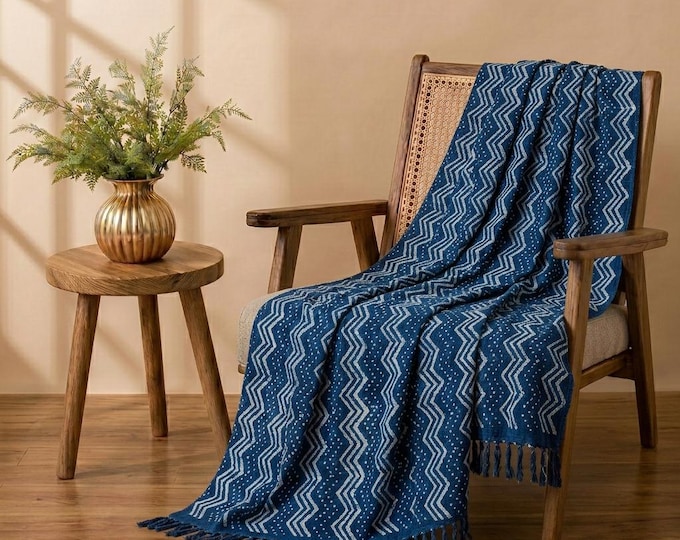 Hand Block Printed Indigo Cotton Throw, Geometric Zigzag Tassel Blanket (50x70 inches)