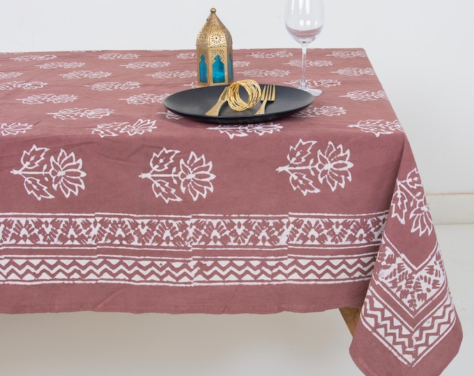 Dusty Rose Hand Block Print Cotton Tablecloth – Floral Boho Farmhouse Dining Linen
