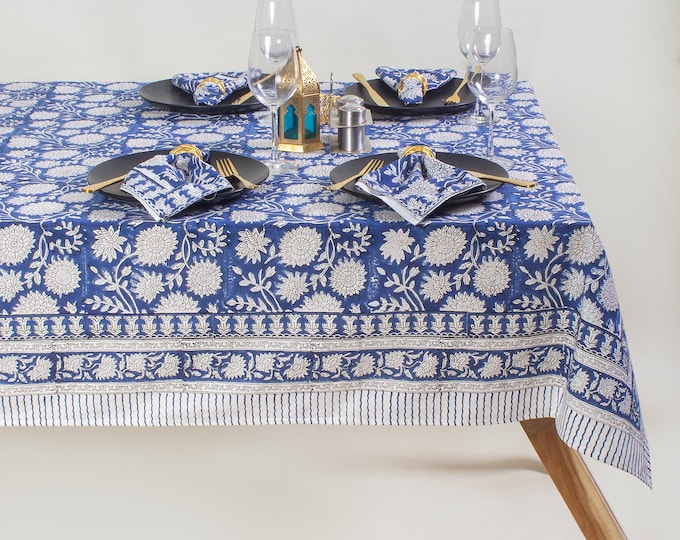 Hand Block Print Cotton Tablecloth - Blue Floral Boho Farmhouse Dining Cover