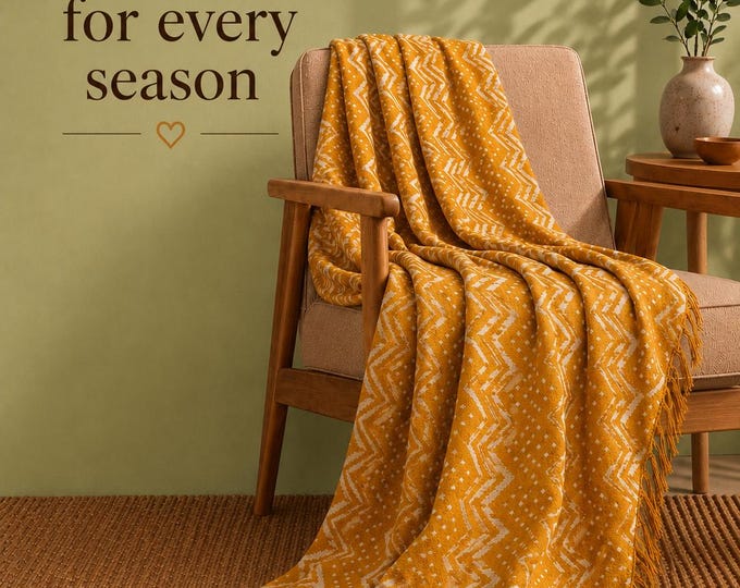 Hand Block Print Cotton Throw Blanket | Organic Mustard Yellow Boho Farmhouse Sofa Bed Cover