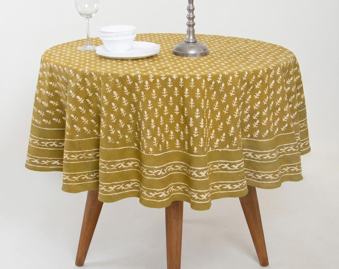 Olive Mustard Hand Block Print Cotton Round Tablecloth, Boho Farmhouse Dining Linen