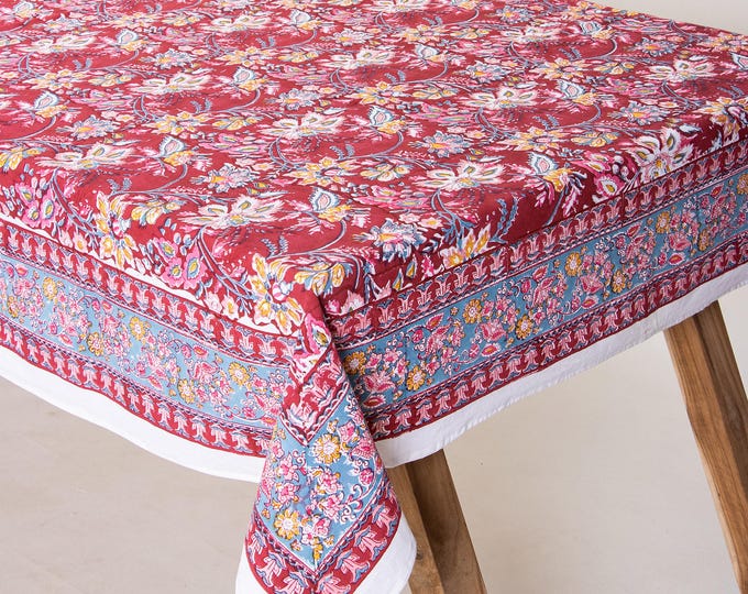 Hand Block Print Cotton Tablecloth, Burgundy Floral Paisley, Boho Farmhouse Dining Linen
