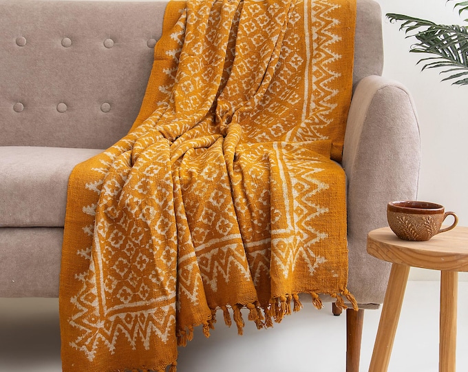 Mustard Yellow Geometric Cotton Throw – Hand Block Printed Boho Blanket