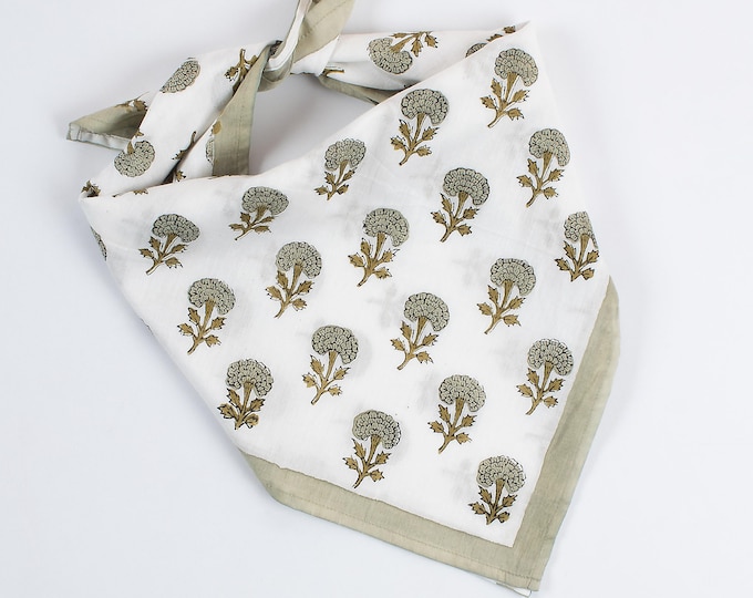 Olive Green Floral Block Print Cotton Bandana - Hair Scarf