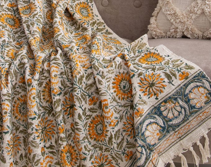 Hand Block Printed Sunflower Cotton Throw Blanket – Bohemian Bedspread Quilt