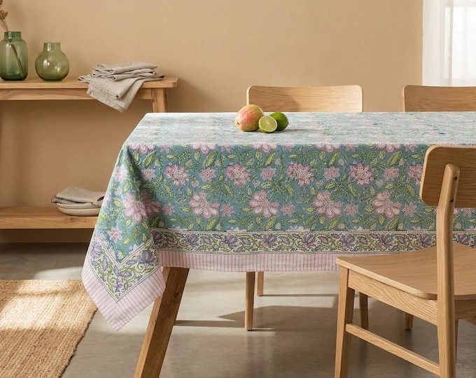 Hand Block Print Sage Green Floral Tablecloth, 100% Cotton Boho Farmhouse Dining Decor
