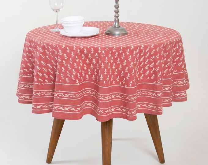 Muted Pink Hand Block Print Cotton Round Tablecloth: Floral Farmhouse Dining Decor