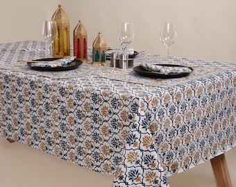 Gold and Blue Floral Tablelcoth - Block print tablecloth - Indian cotton tablecloth - Boho Farmhouse tablecloth - Housewarming Gifts