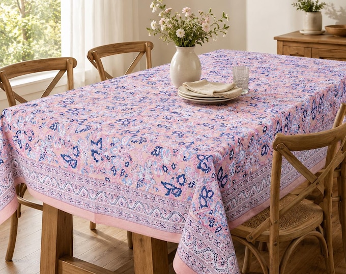 Hand Block Print Cotton Tablecloth, Pink Blue Floral, Boho Farmhouse Dining Linen