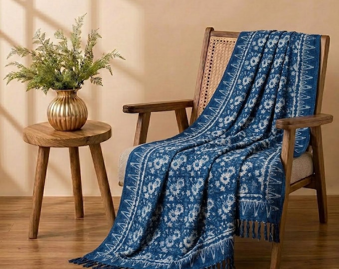 Indigo Blue Floral Hand Block Printed Cotton Throw : Daily use  Bedspread Blanket