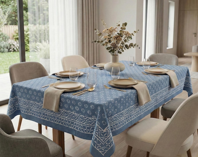 Indigo Blue Block Print Tablecloth 60x90, Indian Cotton Tablecloth For Dining, Rustic Wedding, Party and Event Decor, Kitchen Linens.