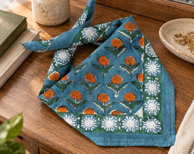 Teal Orange Floral Block Print Cotton Bandanas