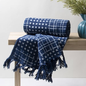 Organic Indigo Cotton Throw Blanket : Geometric Block Print Boho Sofa Bed Couch Cover