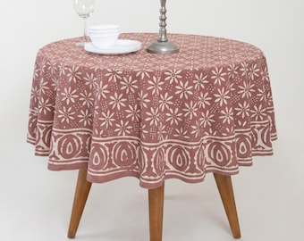 Dusty Rose Hand Block Print Round Tablecloth – Floral Geometric Cotton Dining Linen