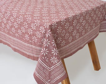 Hand Block Print Cotton Tablecloth: Dusty Rose Floral Boho Farmhouse Dining Cover