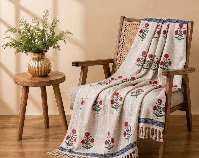 Red and Green Floral Hand Block Print Cotton Throw