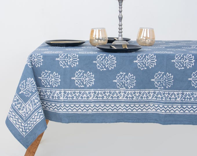 Dusty Blue Block Print Tablecloth, Hand-Printed Cotton Floral Dining Cover