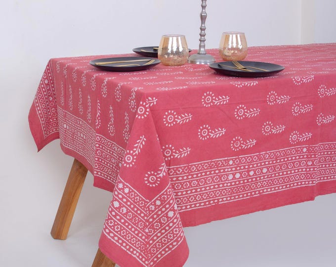 Hand Block Print Cotton Tablecloth – Pink Floral Boho Farmhouse Dining Cover