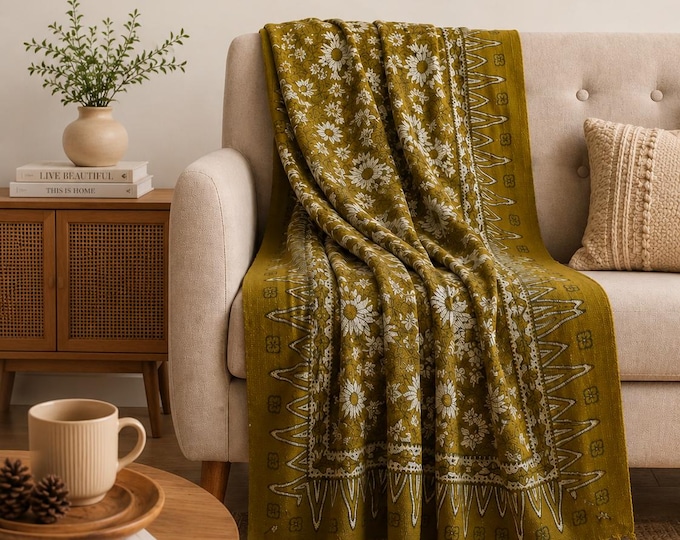 Hand Block Floral Print Cotton Throw Blanket: Handmade Green Organic Sofa Bed Cover 50x70