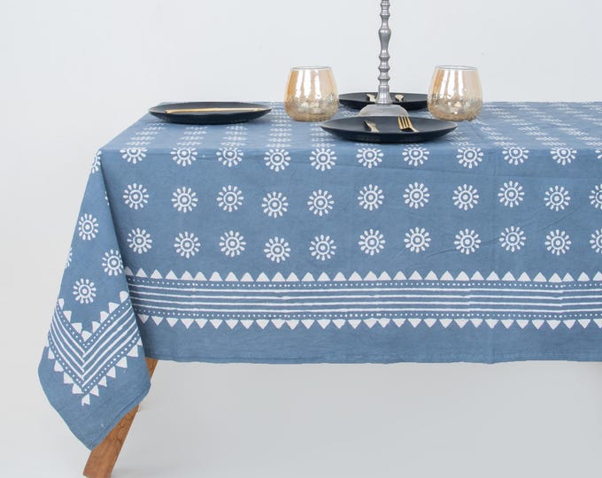 Hand Block Printed Cotton Tablecloth, Dusty Blue Sun Boho Farmhouse Decor